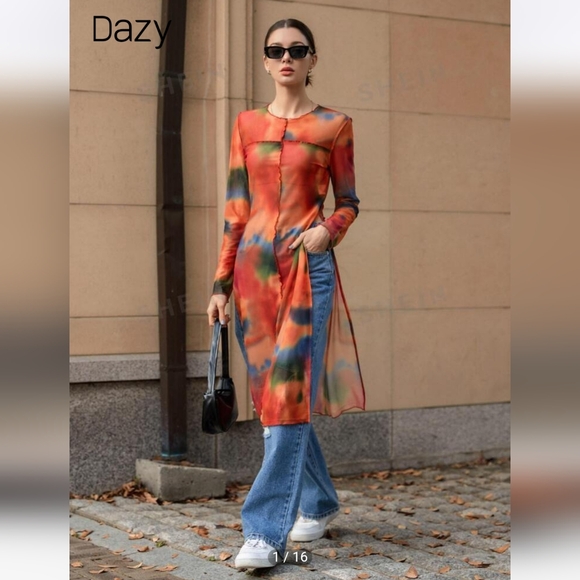 Mesh Orange and Blue Tie Dye Dress - Picture 2 of 3